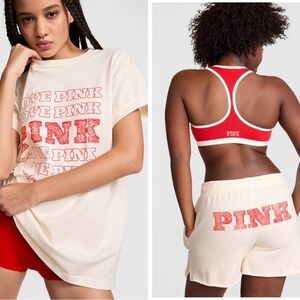 PINK Victoria’s Secret Limited Edition Set NWT Tee Small + Shorts XS Cream Red